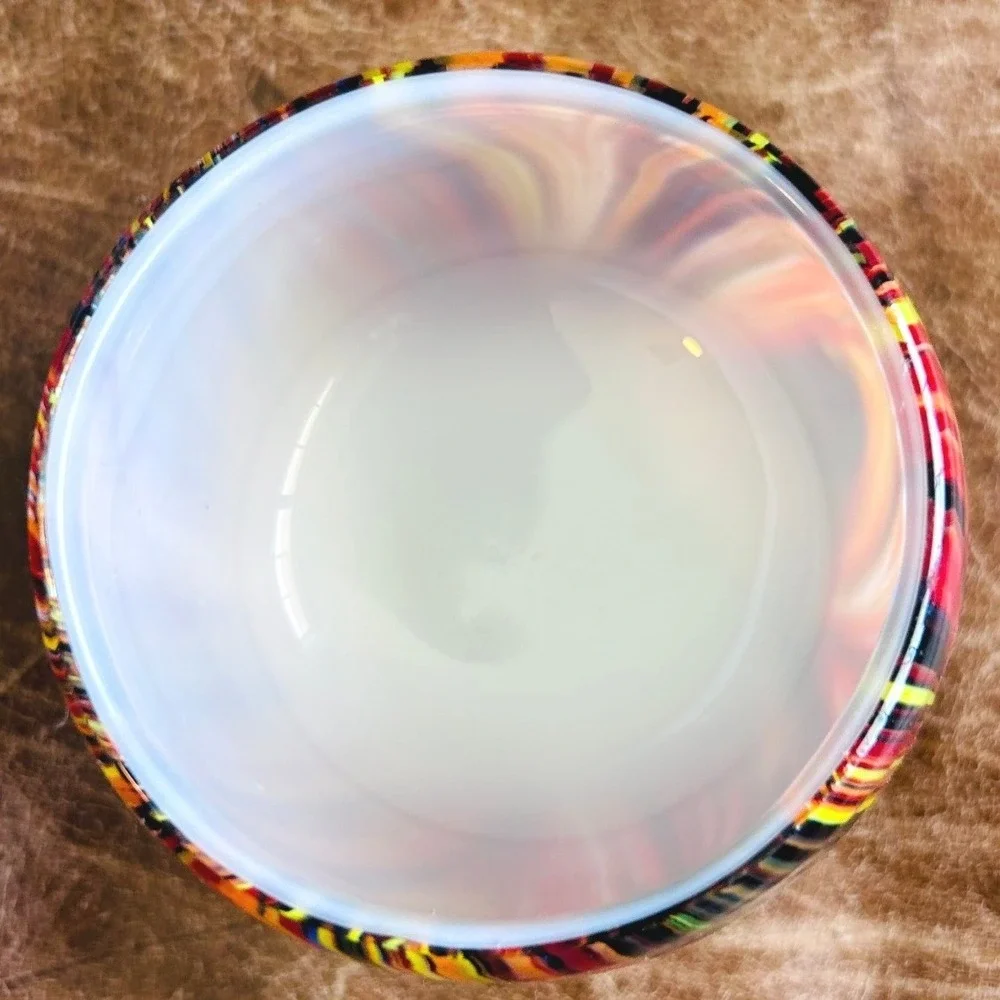 Hand Blown Art Glass Votive Candle Holder Multi Color Striped White Interior 3.5